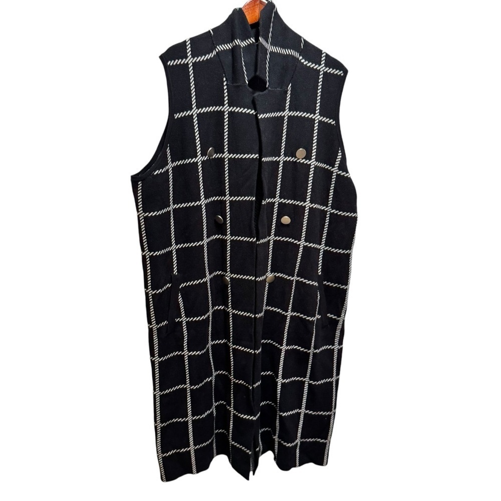 Rachel Zoe Sleeveless Collared Plaid Windowpane Long Blazer Black Vest 3X NWT